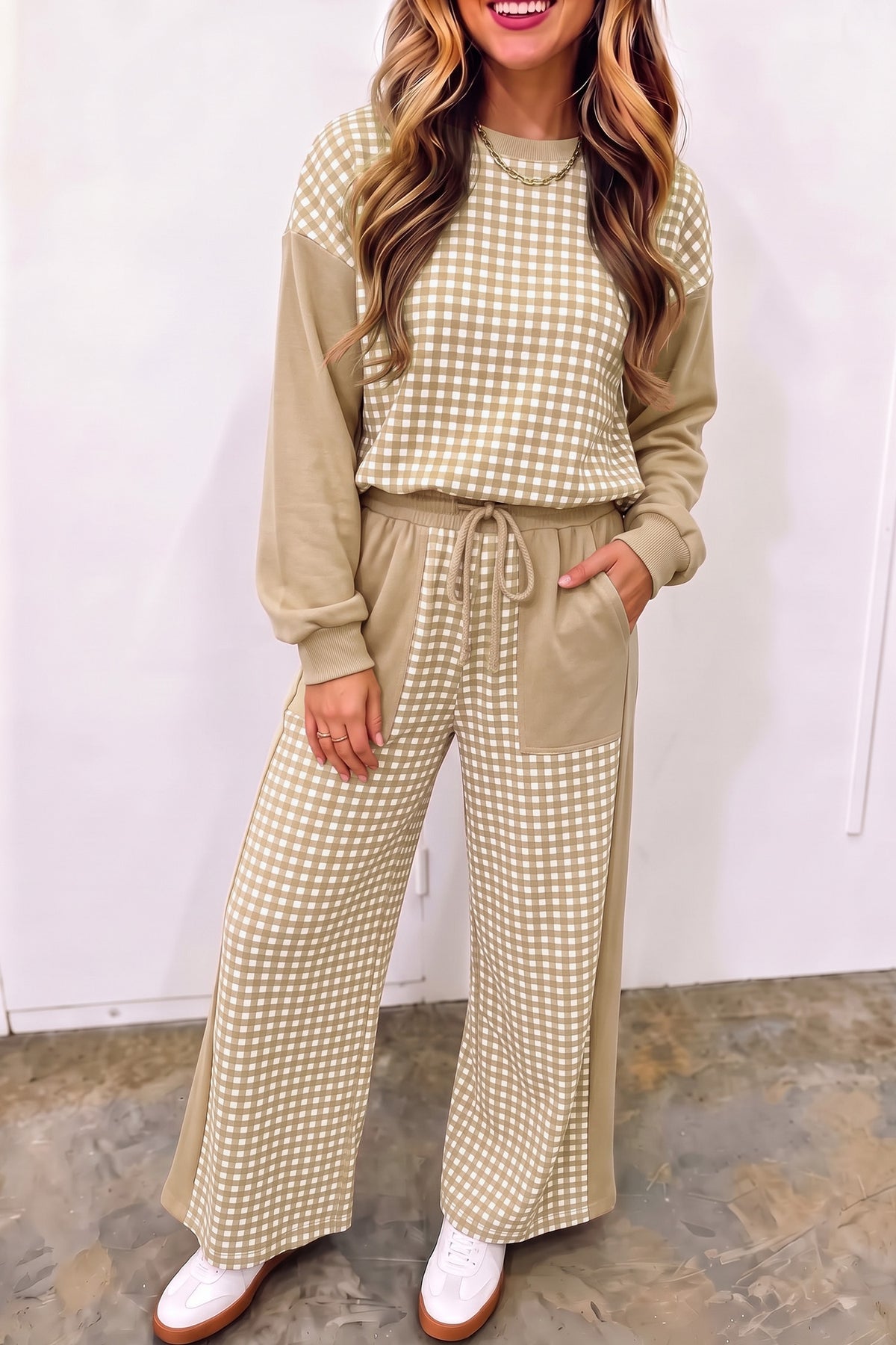 Plaid Long Sleeve Wide Leg Pant Set