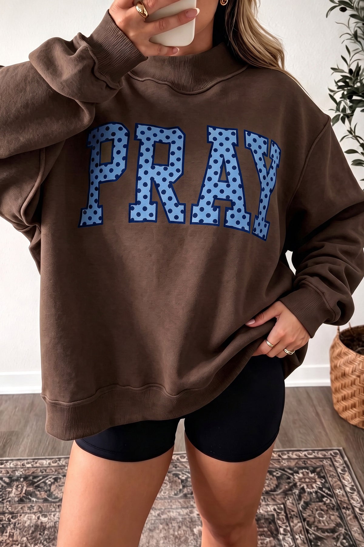 Pray Polka Dot Embroidered Mock Neck Sweatshirt