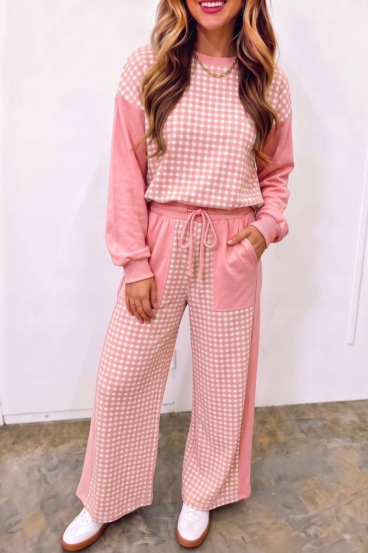 Plaid Long Sleeve Wide Leg Pant Set