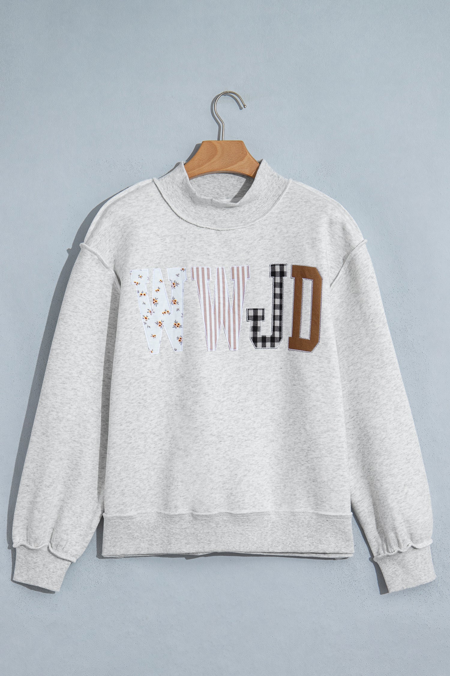 Gray WWJD Mixed Pattern Embroidered Patch Graphic Mock Neck Sweatshirt