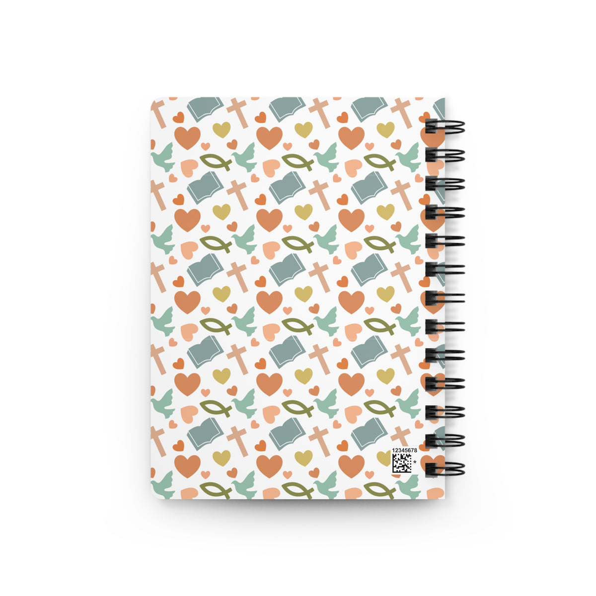 Christian Pattern Spiral Journal — Faith Symbols Notebook with Cross, Bible & Dove Design