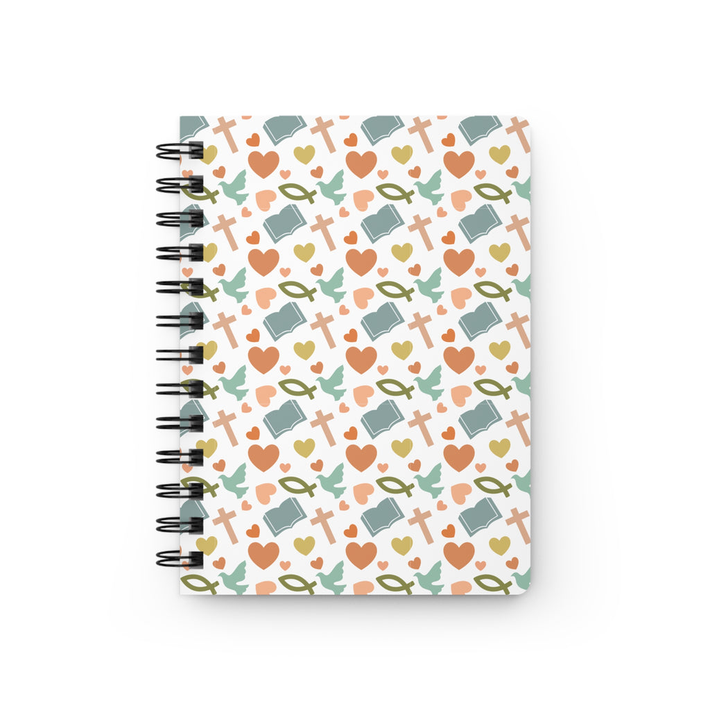 Christian Pattern Spiral Journal — Faith Symbols Notebook with Cross, Bible & Dove Design