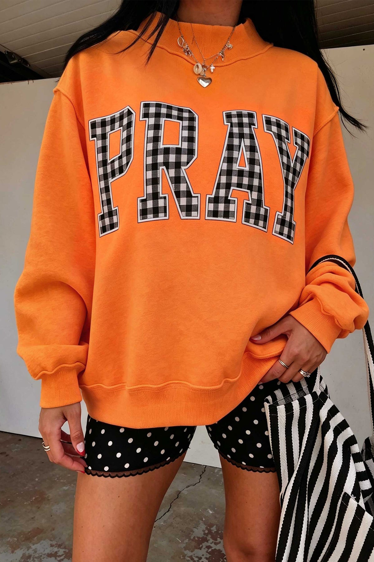 Pray Polka Dot Embroidered Mock Neck Sweatshirt