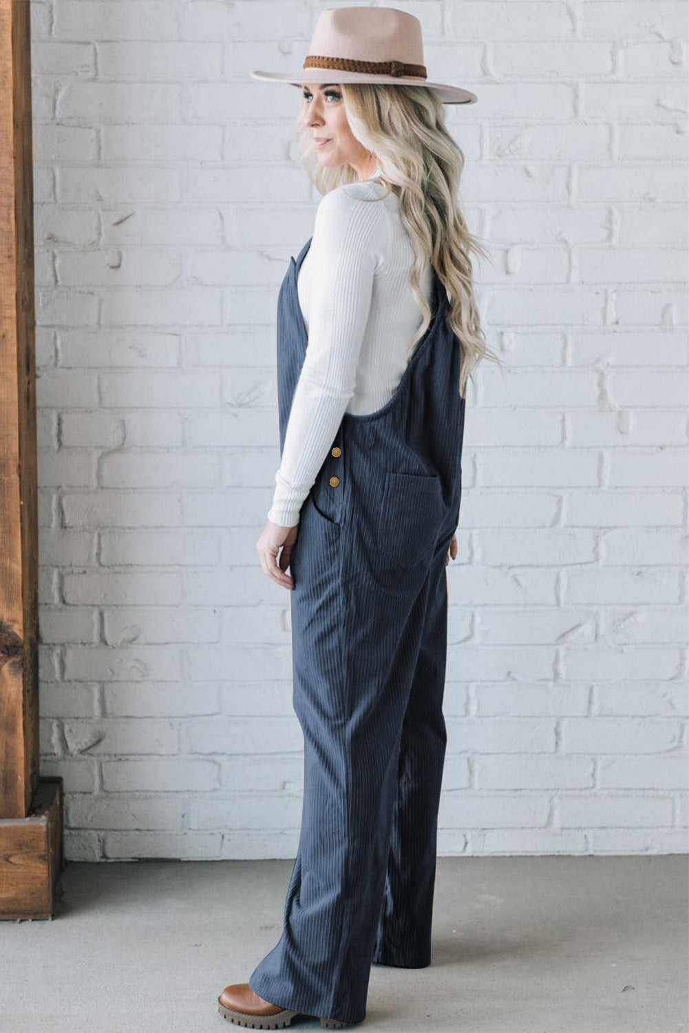 Jungle Green Button Adjustable Straps Solid Color Corduroy Jumpsuit