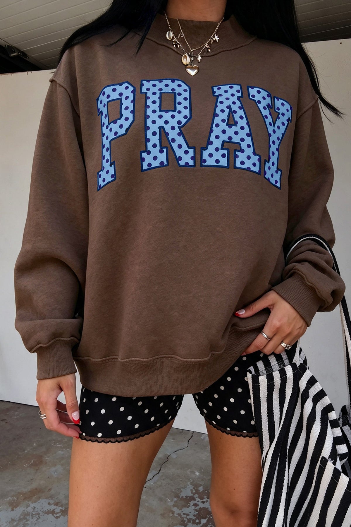 Pray Polka Dot Embroidered Mock Neck Sweatshirt