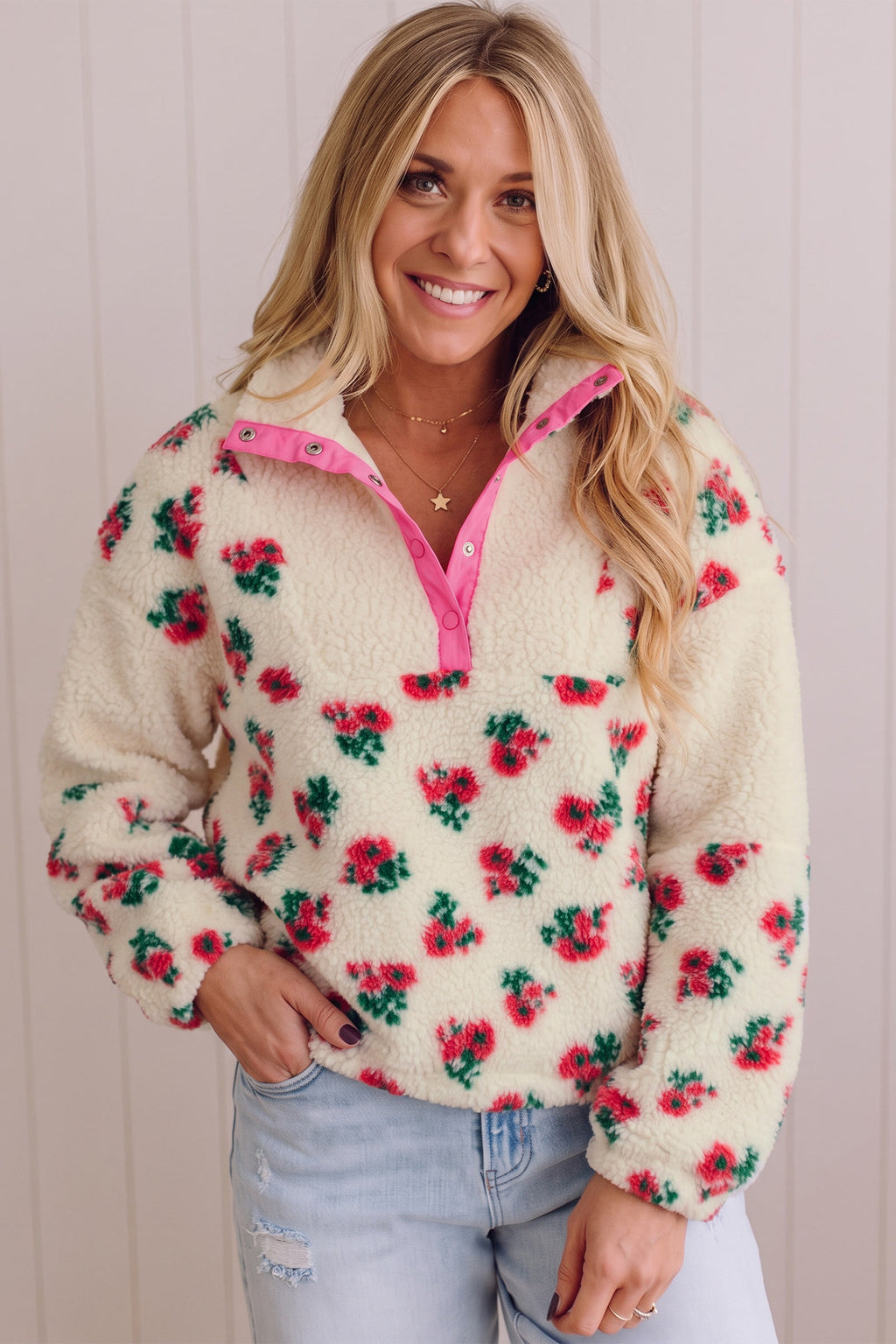 White Floral Print Fleece pullover