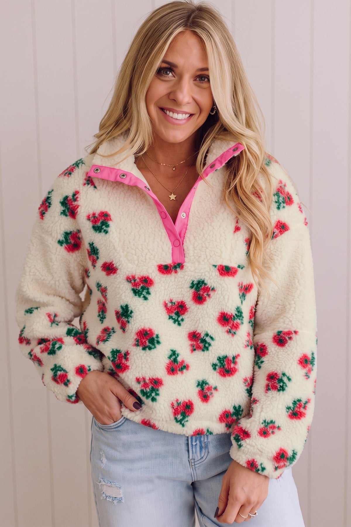 White Floral Print Fleece pullover