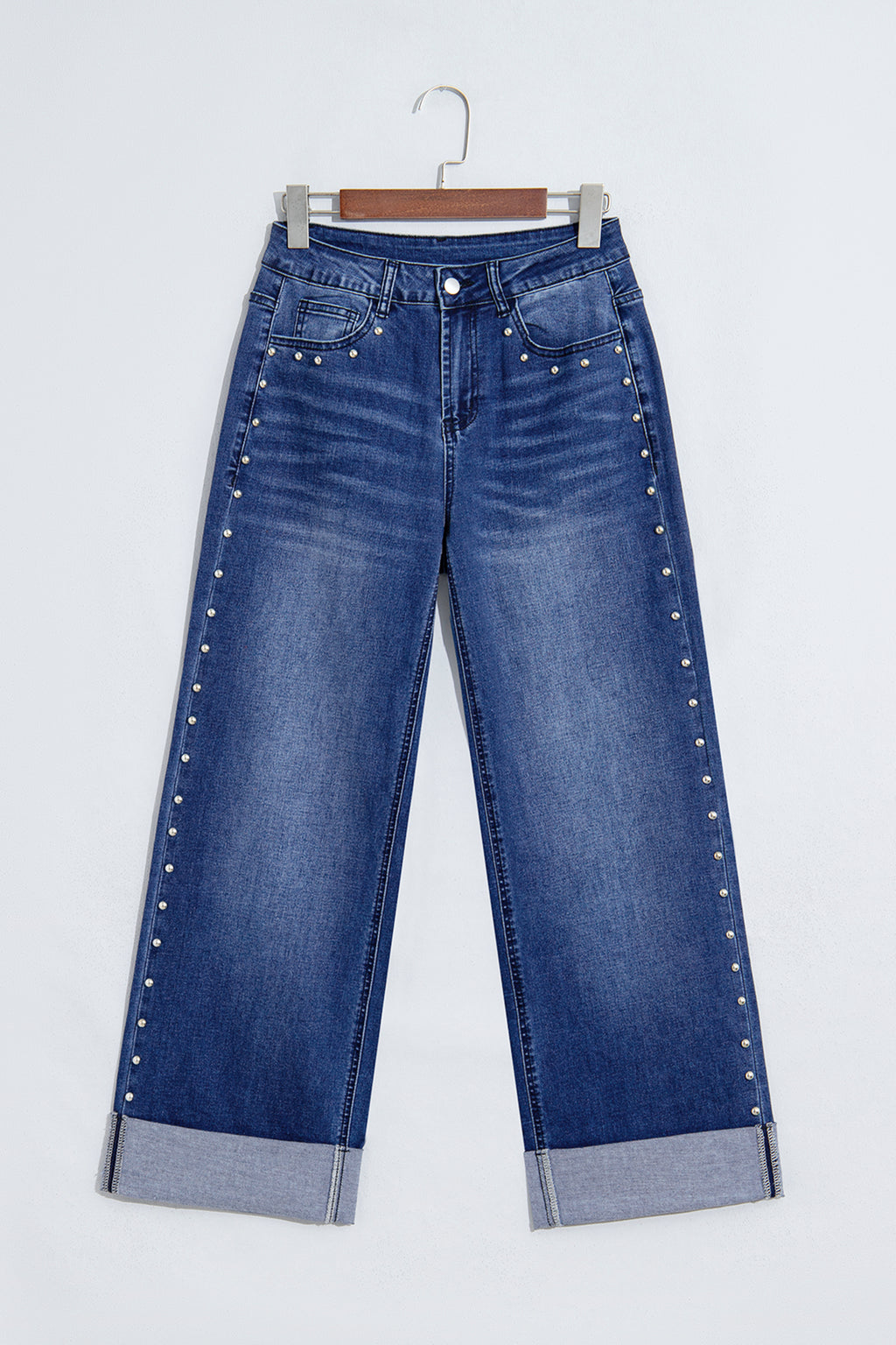Coffee Studded Detail Straight Leg Casual Loose Jeans