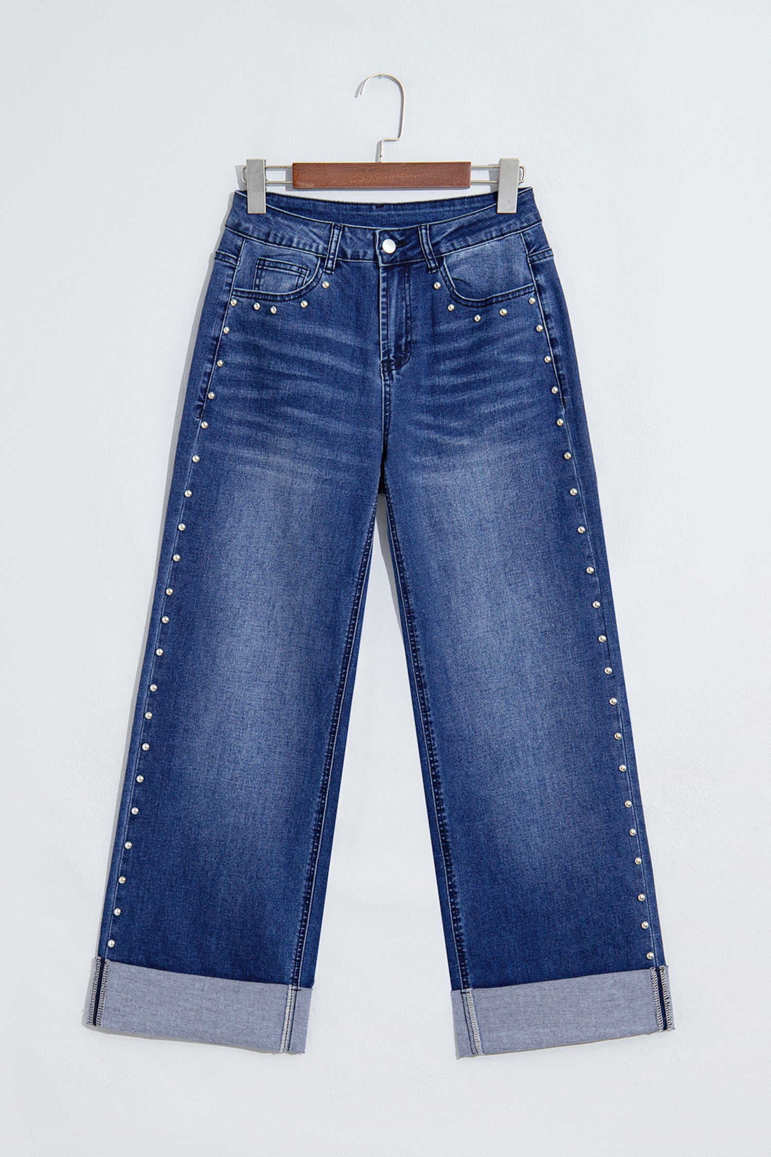Coffee Studded Detail Straight Leg Casual Loose Jeans