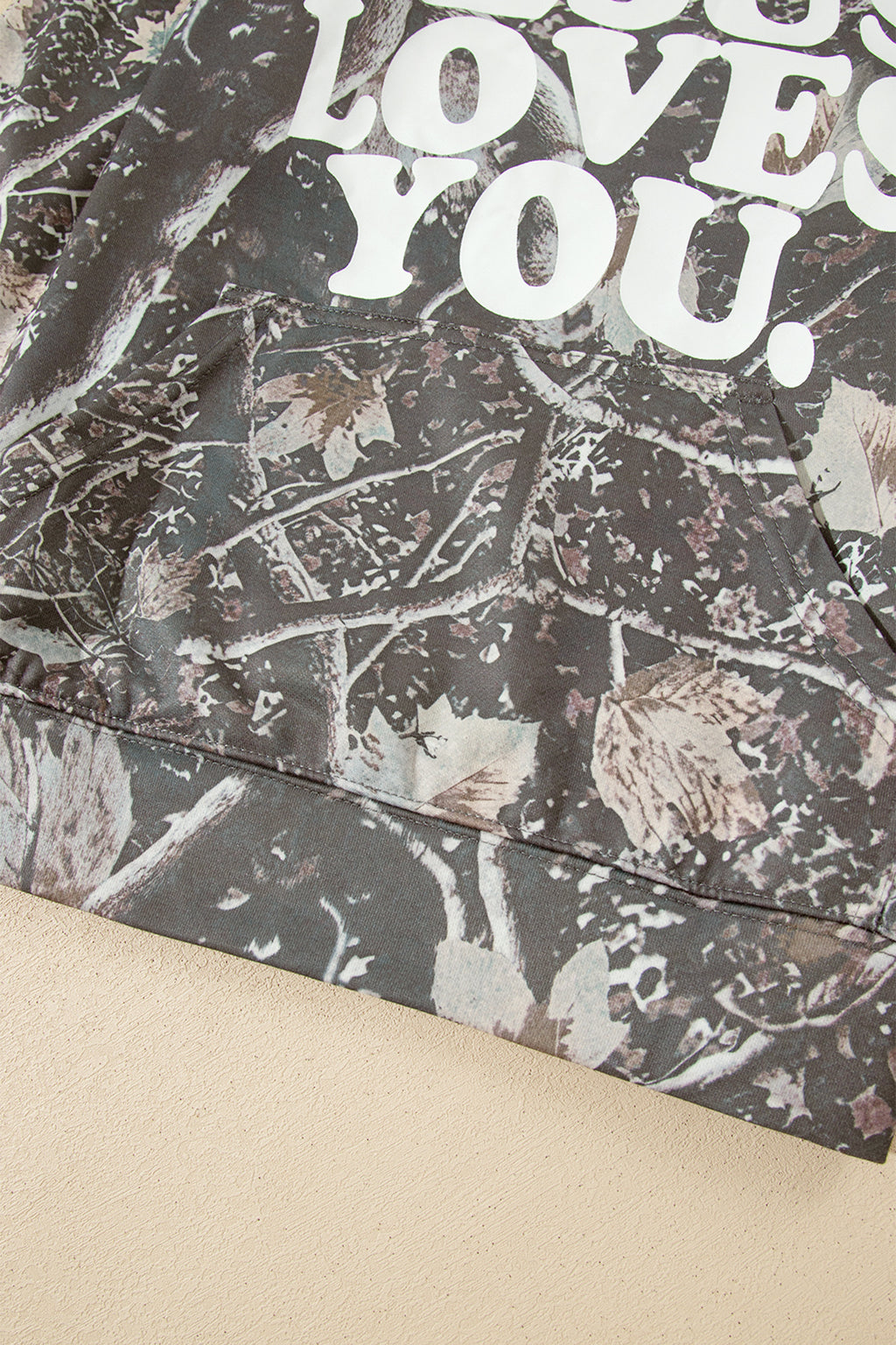 Brown Retro Camouflage Jesus Loves You Print Relaxed Hoodie