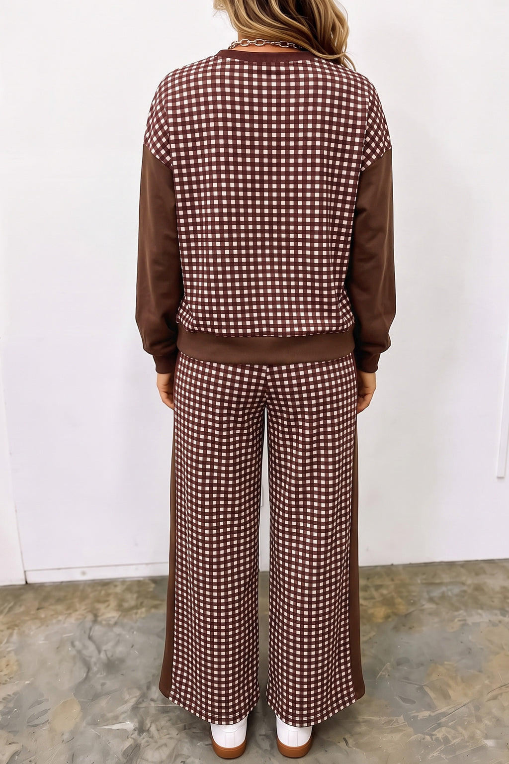 Plaid Long Sleeve Wide Leg Pant Set