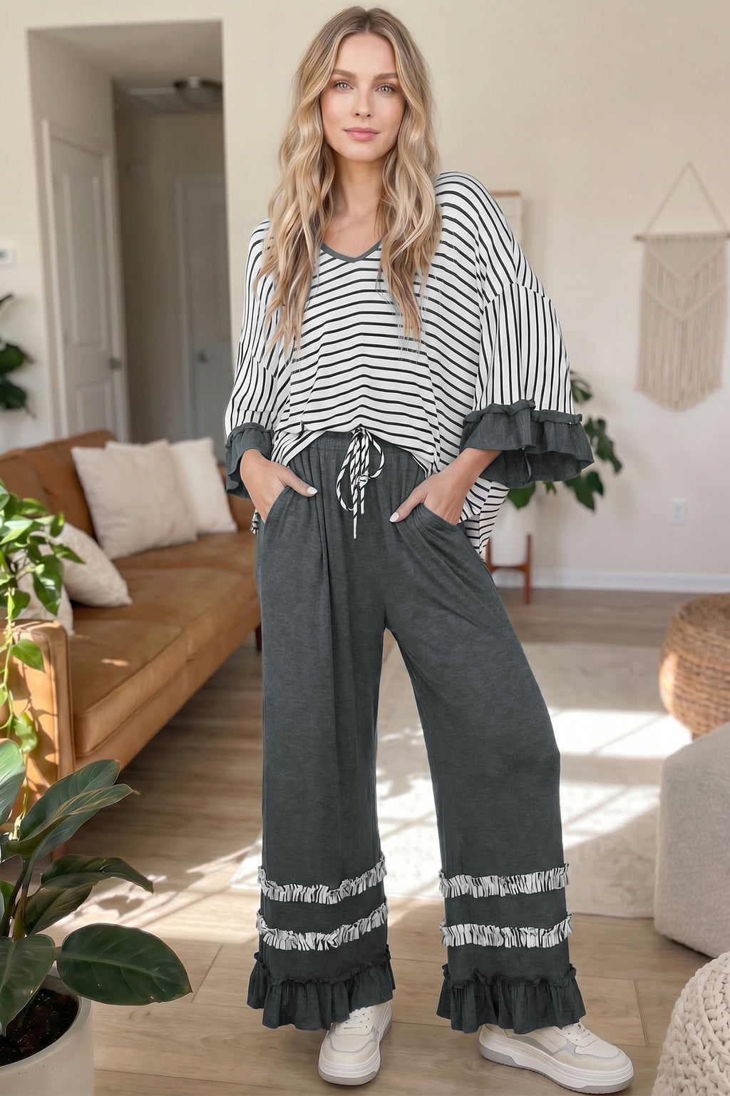 Ruffle Sleeve Top and Drawstring Pants 2 piece Set