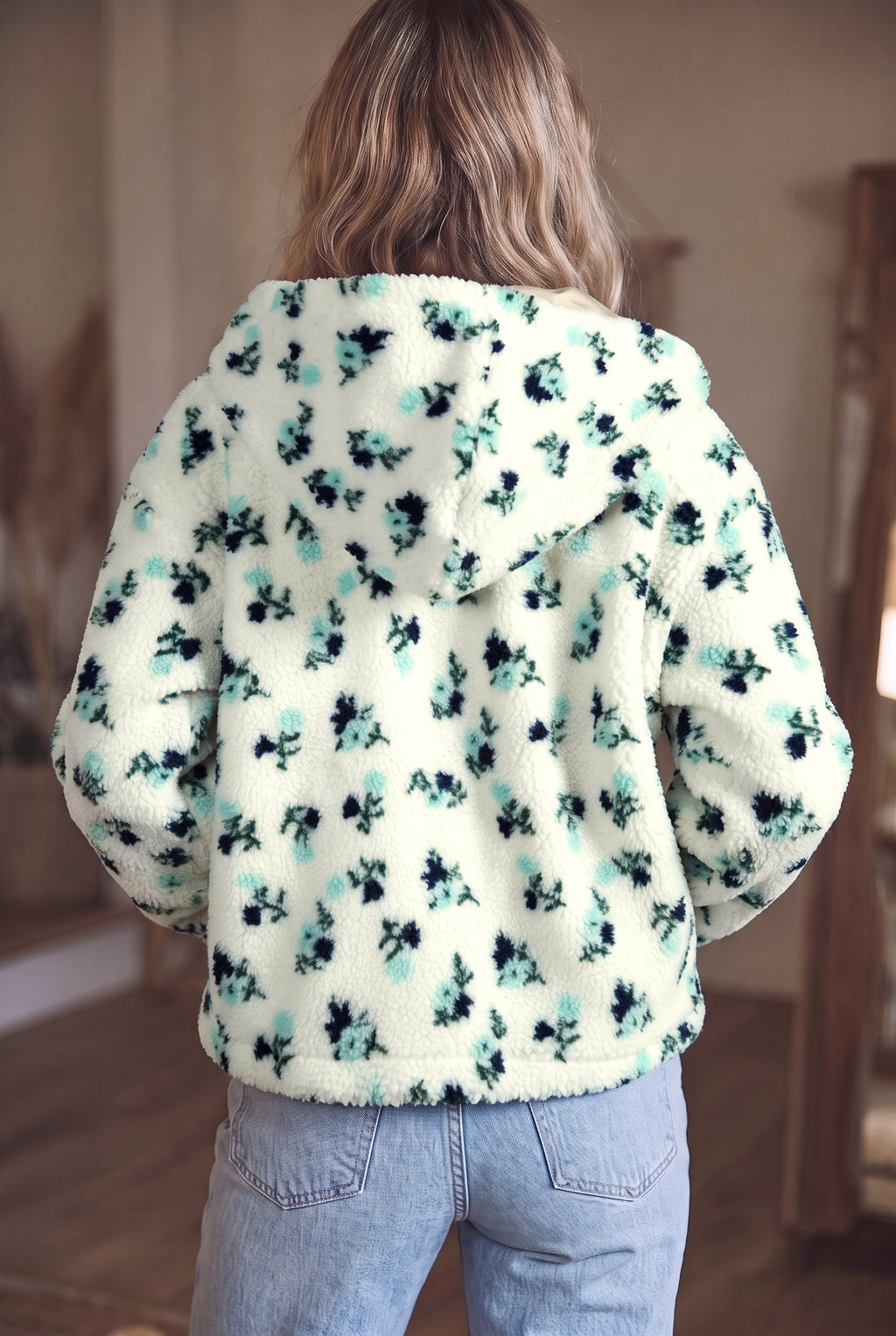 White Floral Print Faux Fur Hooded Metal Zip-up Winter Jacket