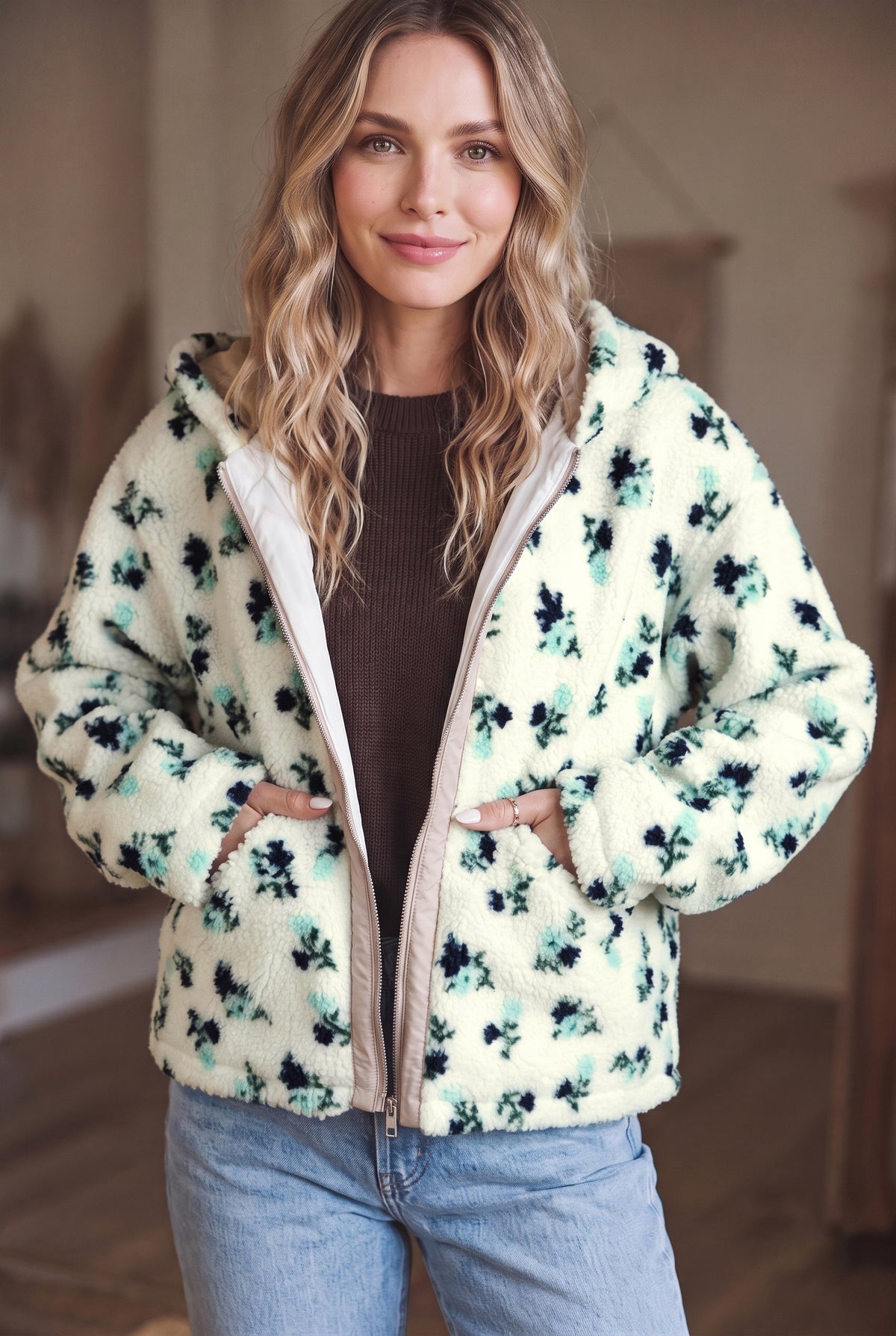 White Floral Print Faux Fur Hooded Metal Zip-up Winter Jacket