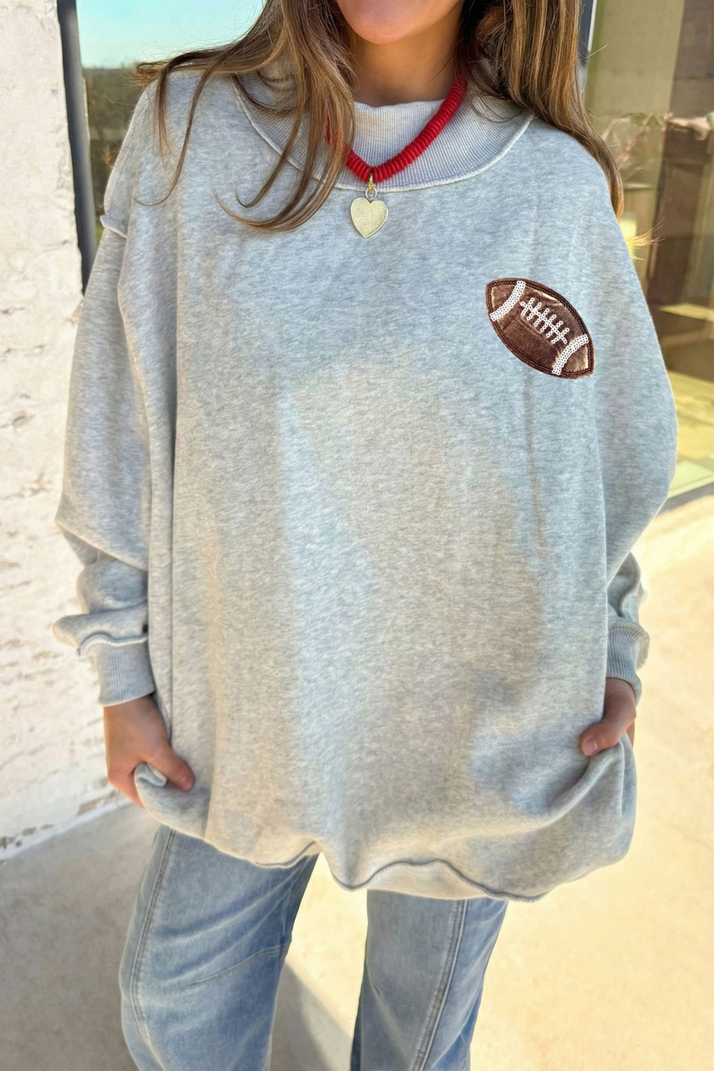 Light Grey Football Patch Sequin Game Day Lettering Mock Neck Tunic Sweatshirt