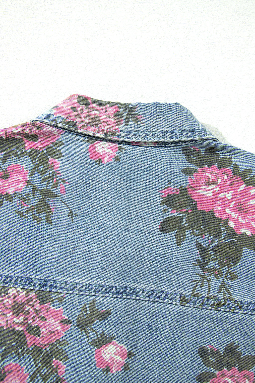 Sky Blue Floral Print Raw Seam Ruffle Hem Denim Jacket