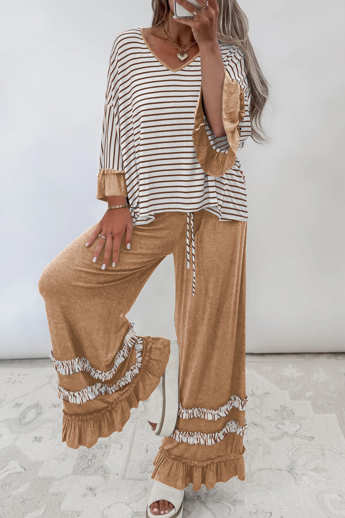 Ruffle Sleeve Top and Drawstring Pants 2 piece Set
