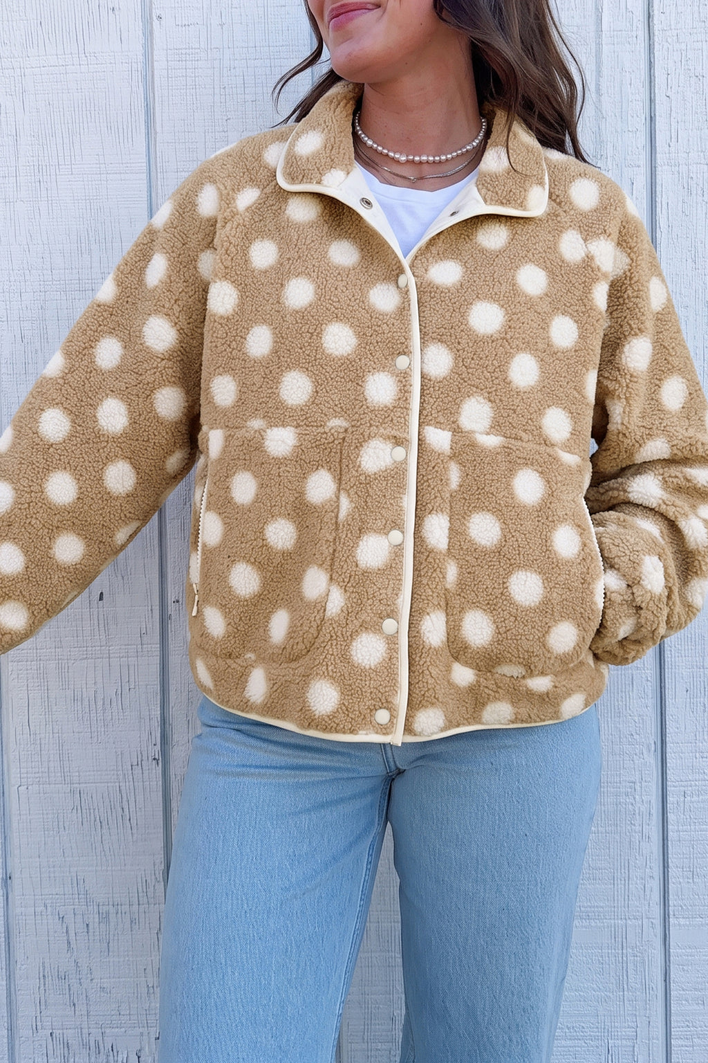 Khaki Polka Dot Faux Fur Metal Button Placket Shift Silhouette Jacket
