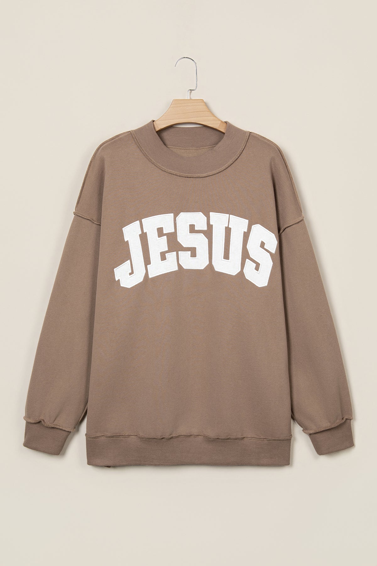 Meadow Mist Green JESUS Letter Patch Graphic Exposed Seam Mock Neck Baggy Sweatshirt