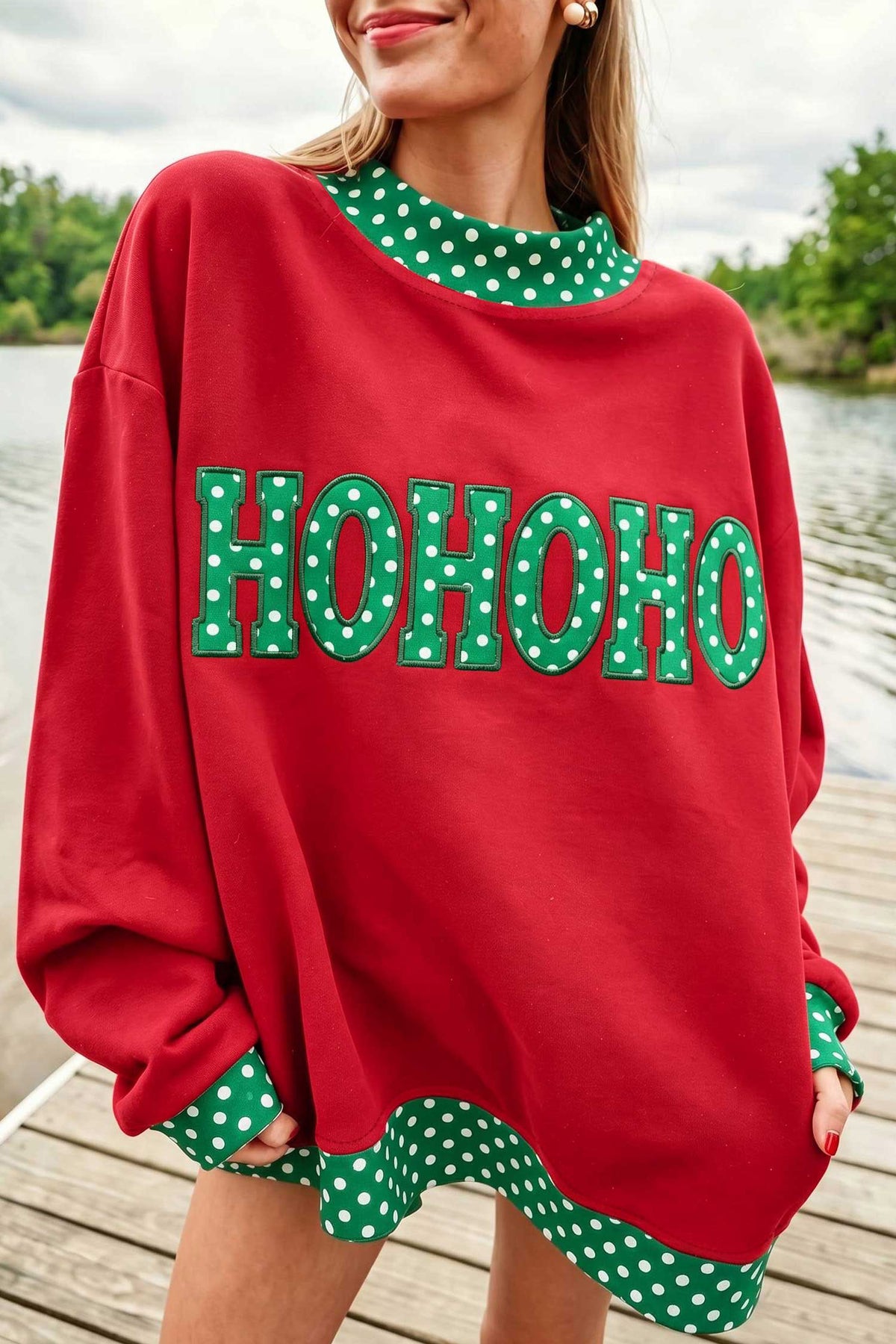 Polka Dot Letter Print Mock Neck Sweatshirt