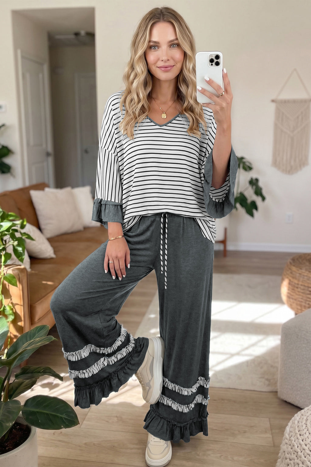 Ruffle Sleeve Top and Drawstring Pants 2 piece Set