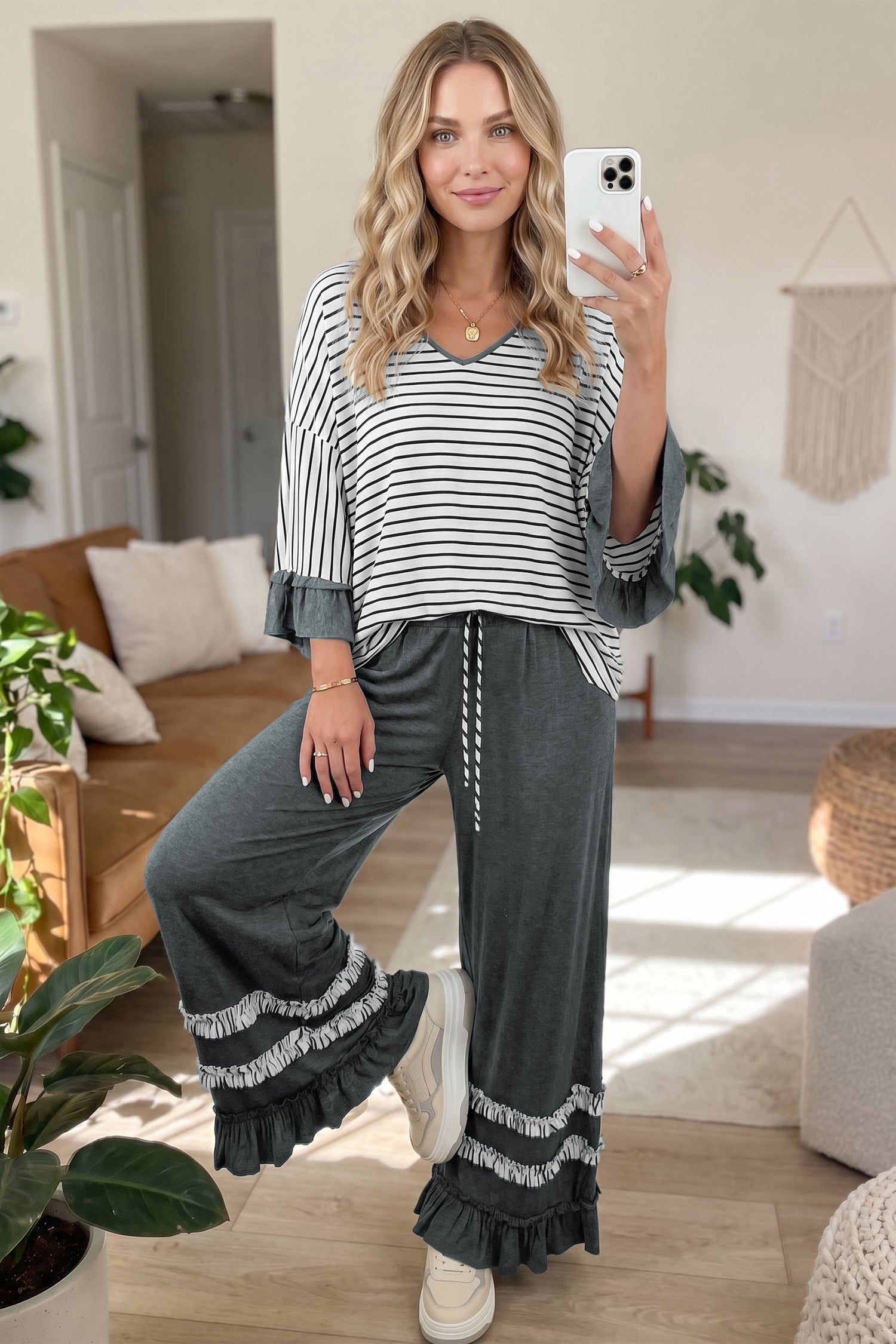 Ruffle Sleeve Top and Drawstring Pants 2 piece Set