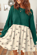 Green Solid Long Sleeve Patchwork Mallard Flared 2-in-1 Mini Dress