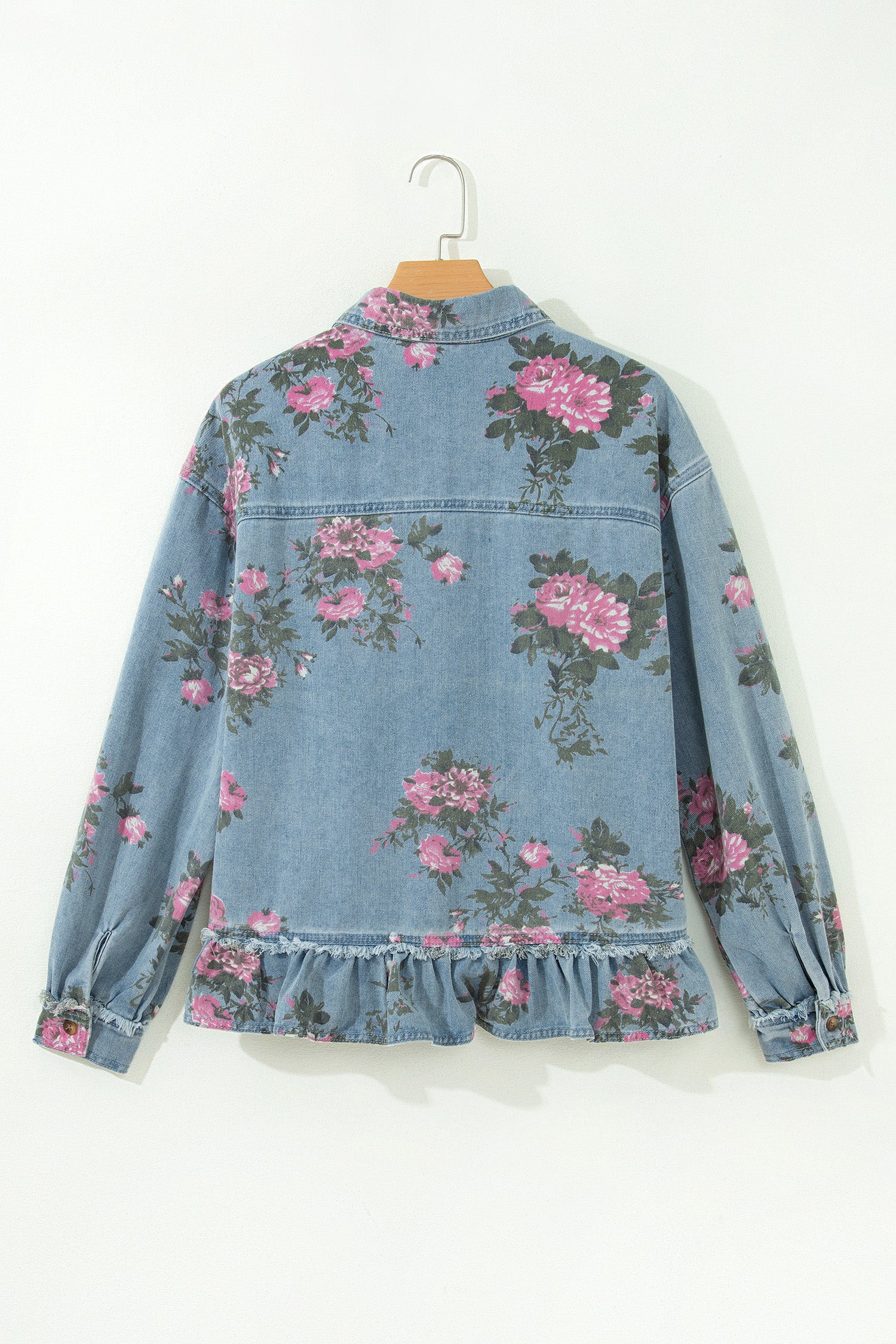 Sky Blue Floral Print Raw Seam Ruffle Hem Denim Jacket
