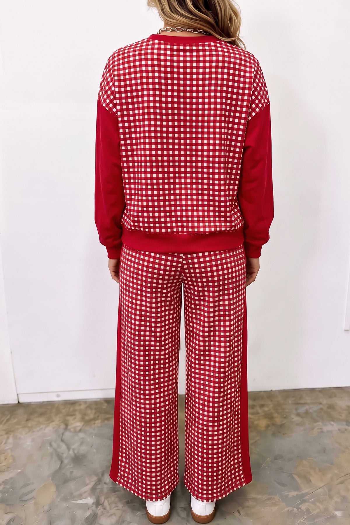 Plaid Long Sleeve Wide Leg Pant Set