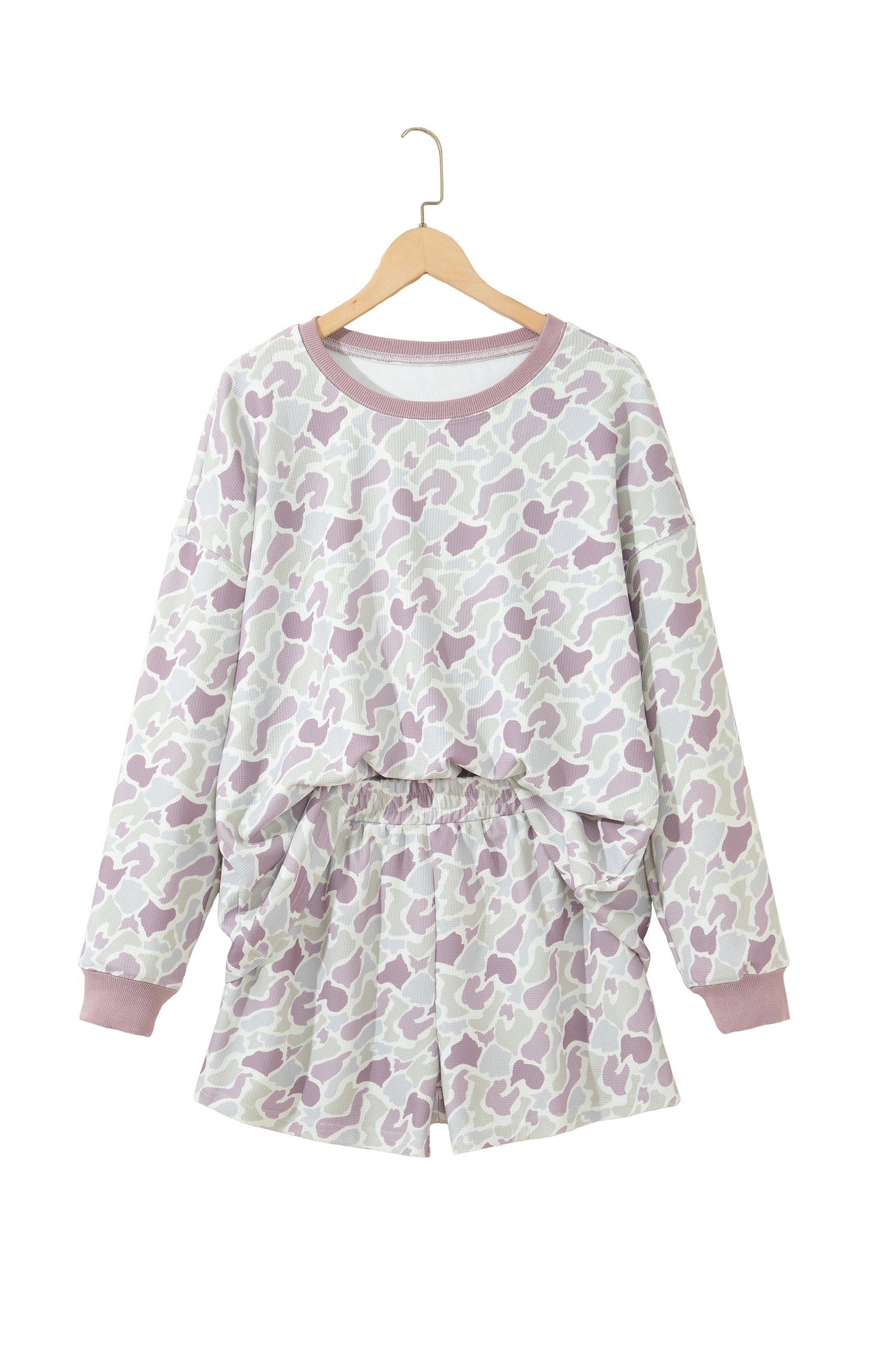 Green Camouflage Waffle Knit Long Sleeve Top Casual Shorts Set