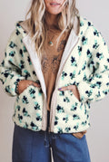 White Floral Print Faux Fur Hooded Metal Zip-up Winter Jacket