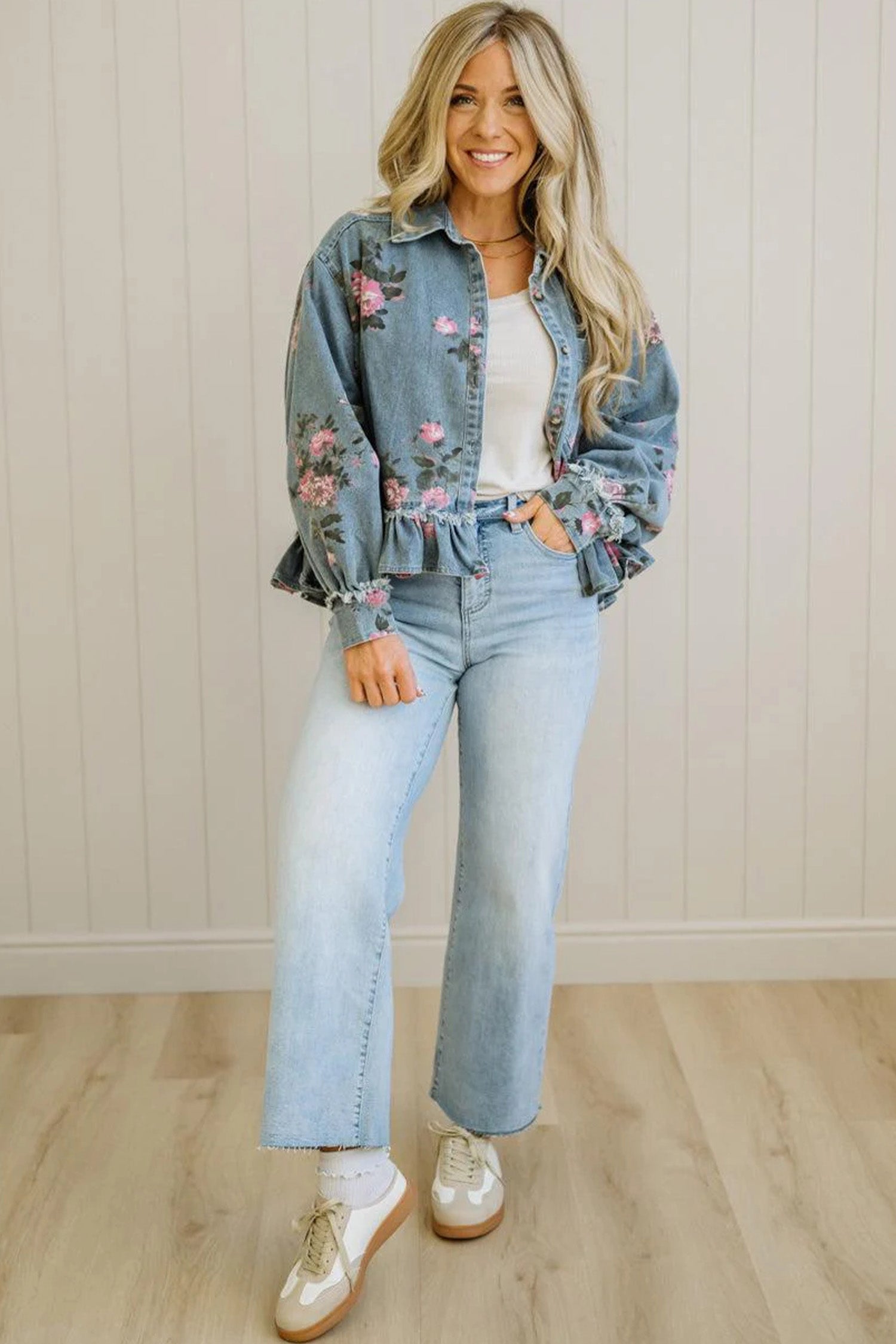 Sky Blue Floral Print Raw Seam Ruffle Hem Denim Jacket