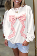 White Floral Bow Decoration Drop Shoulder Long Sleeve Top