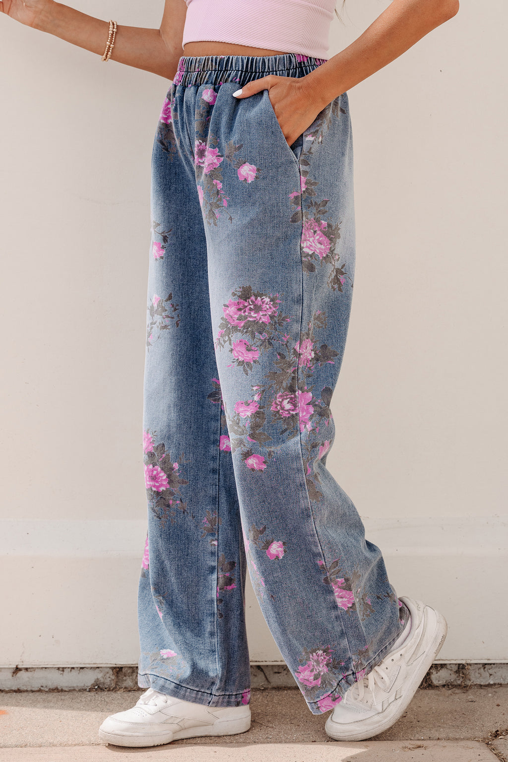 Beau Blue Floral Print Elastic Waist Pull On Casual Jeans