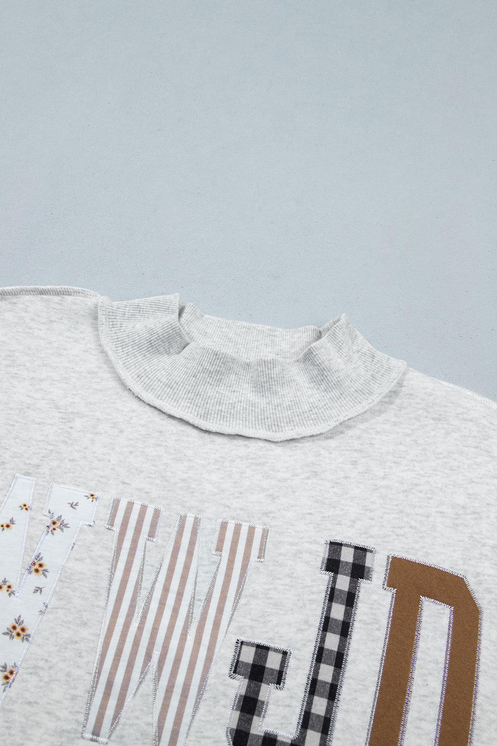 Gray WWJD Mixed Pattern Embroidered Patch Graphic Mock Neck Sweatshirt