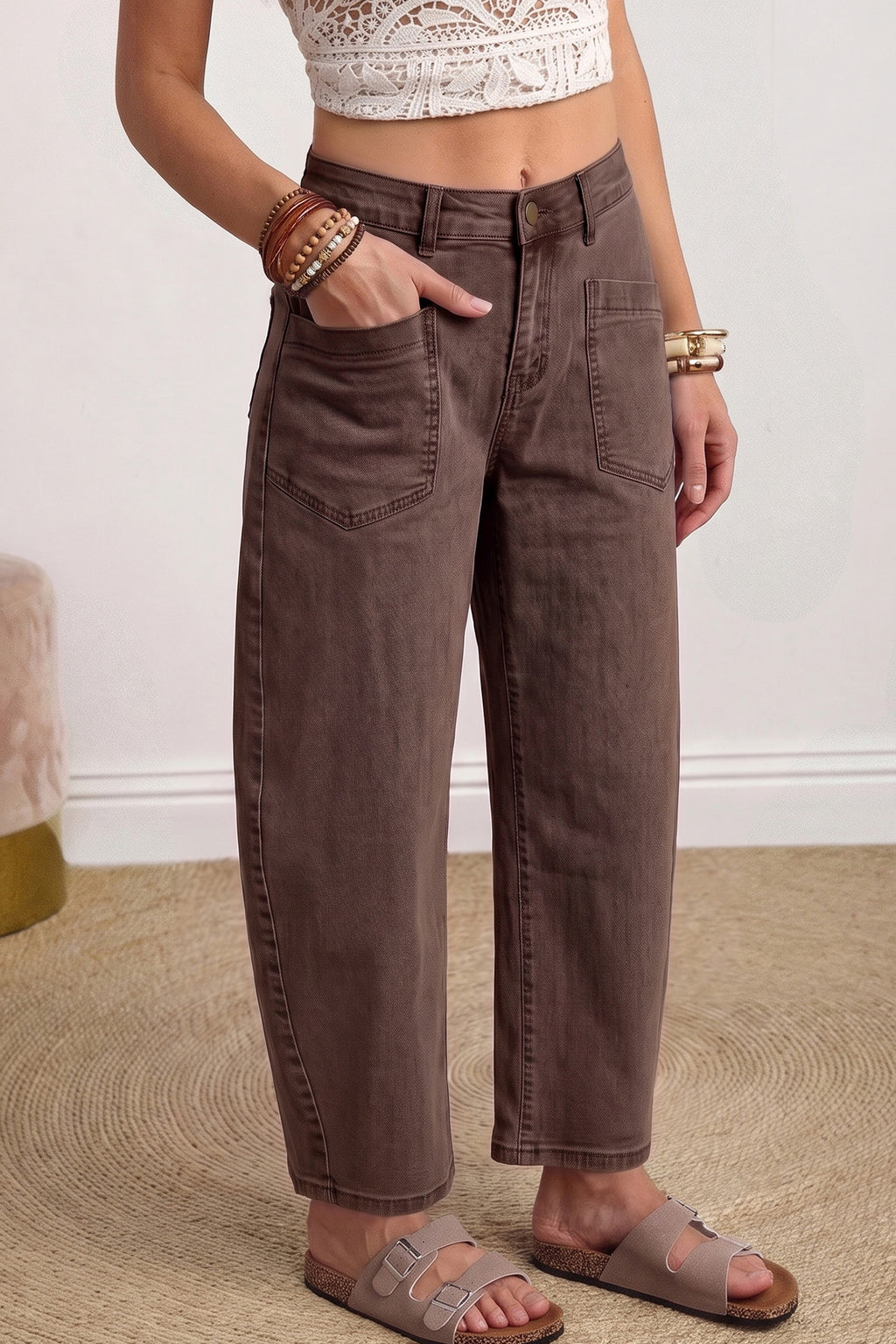 Beau Blue Solid Color Square Patch Pocket Ankle-length Barrel Jeans