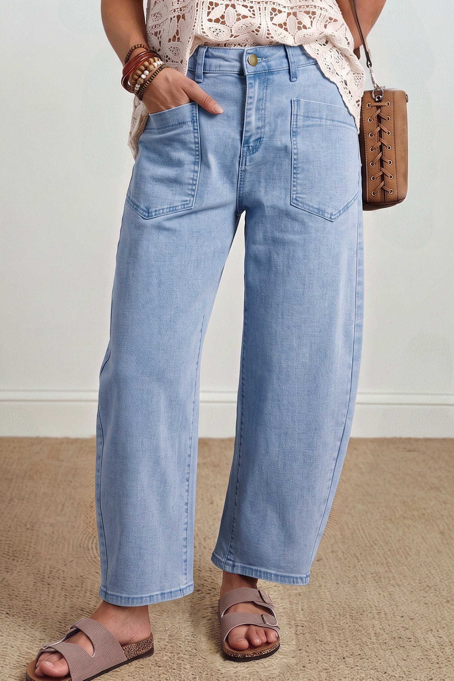 Beau Blue Solid Color Square Patch Pocket Ankle-length Barrel Jeans