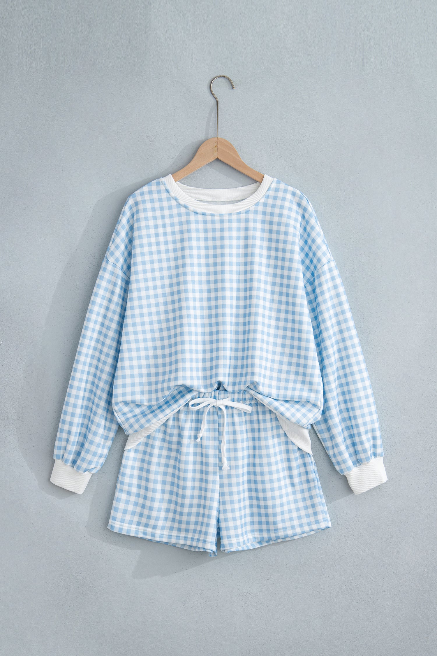 Pink Plaid Baggy Pullover Drawstring Casual Shorts 2pcs Outfit