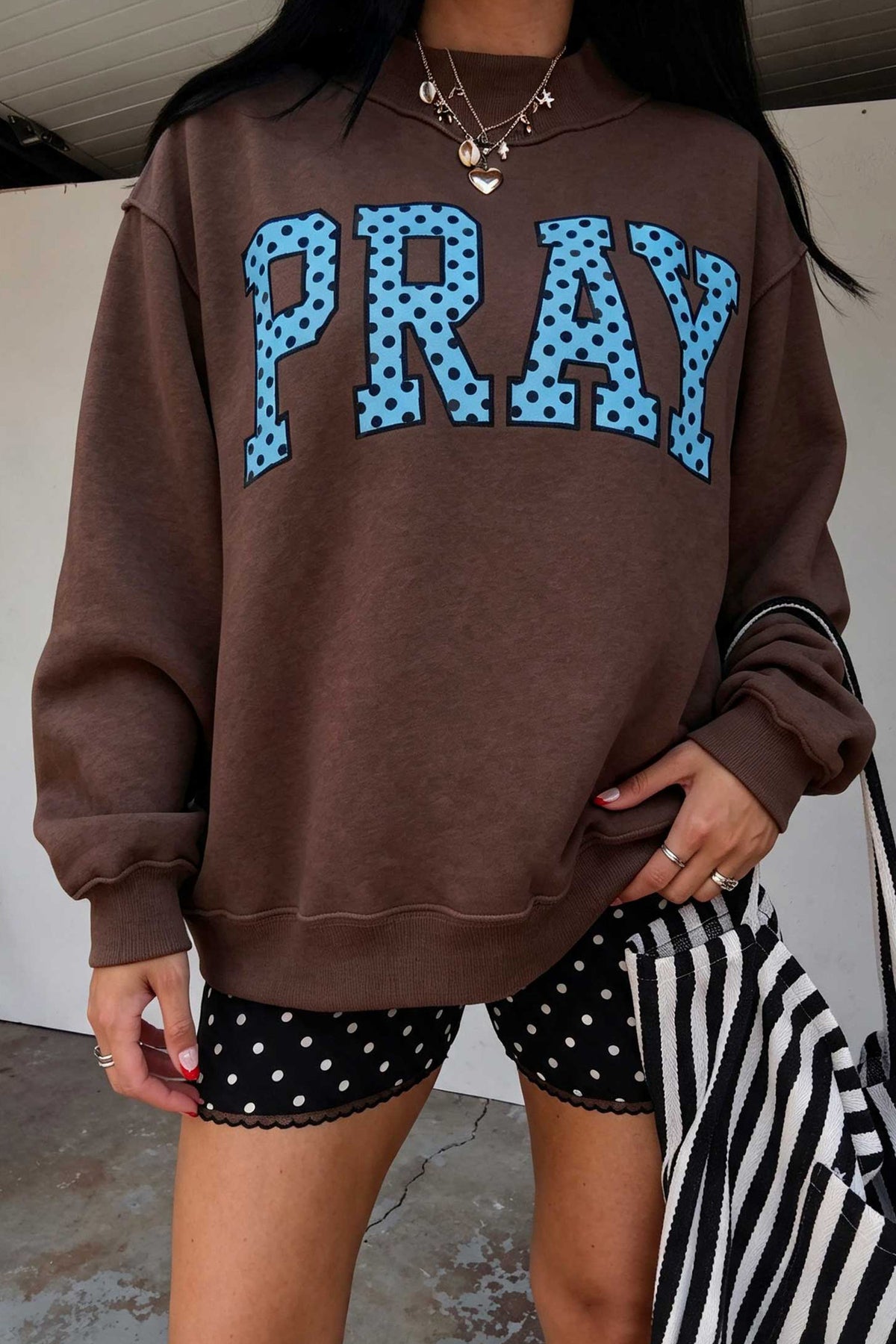 Pray Polka Dot Embroidered Mock Neck Sweatshirt