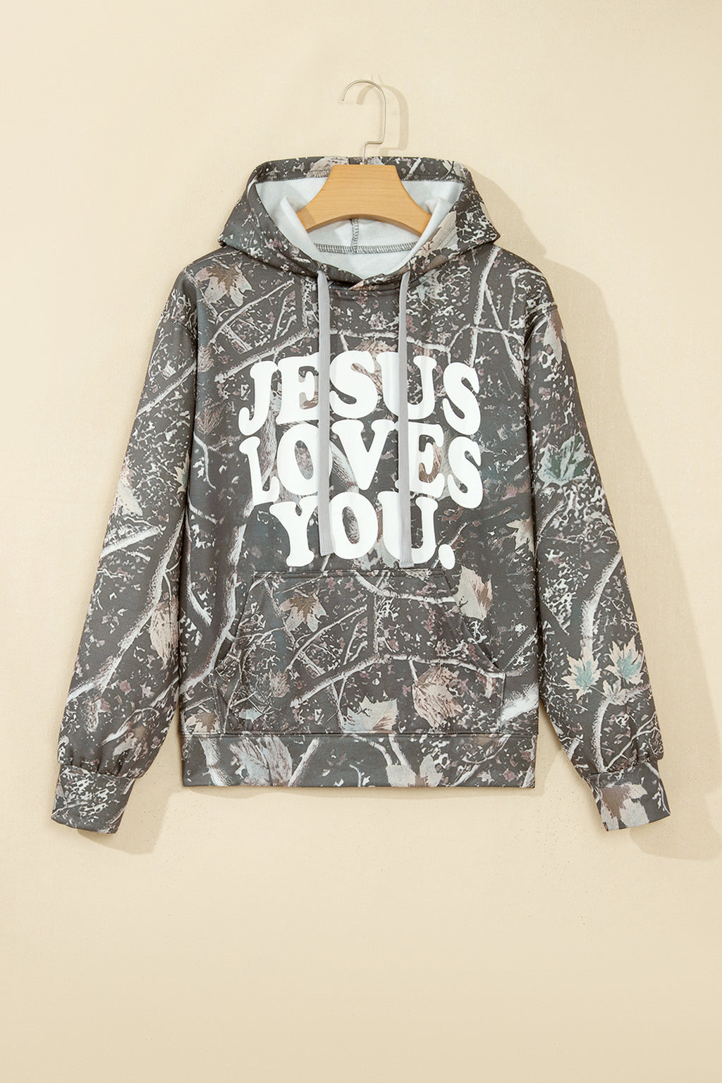 Brown Retro Camouflage Jesus Loves You Print Relaxed Hoodie