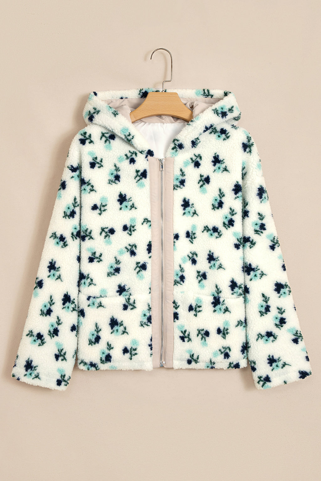 White Floral Print Faux Fur Hooded Metal Zip-up Winter Jacket