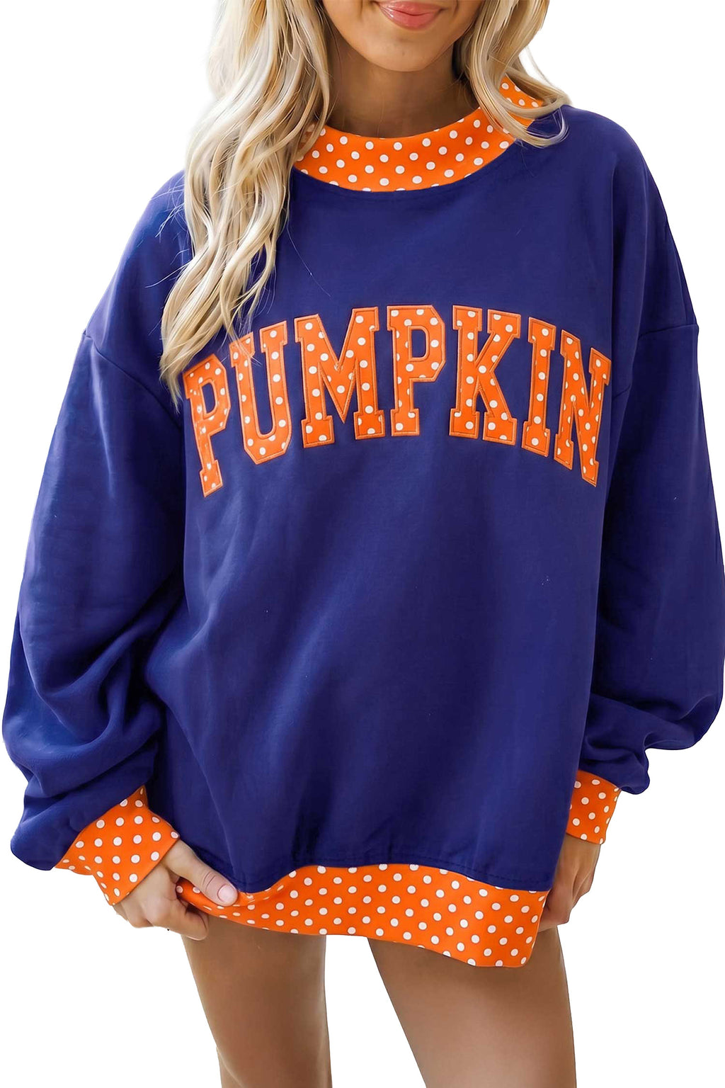 Grapefruit Orange Polka Dot Letter Print Contrast Trim Mock Neck Sweatshirt