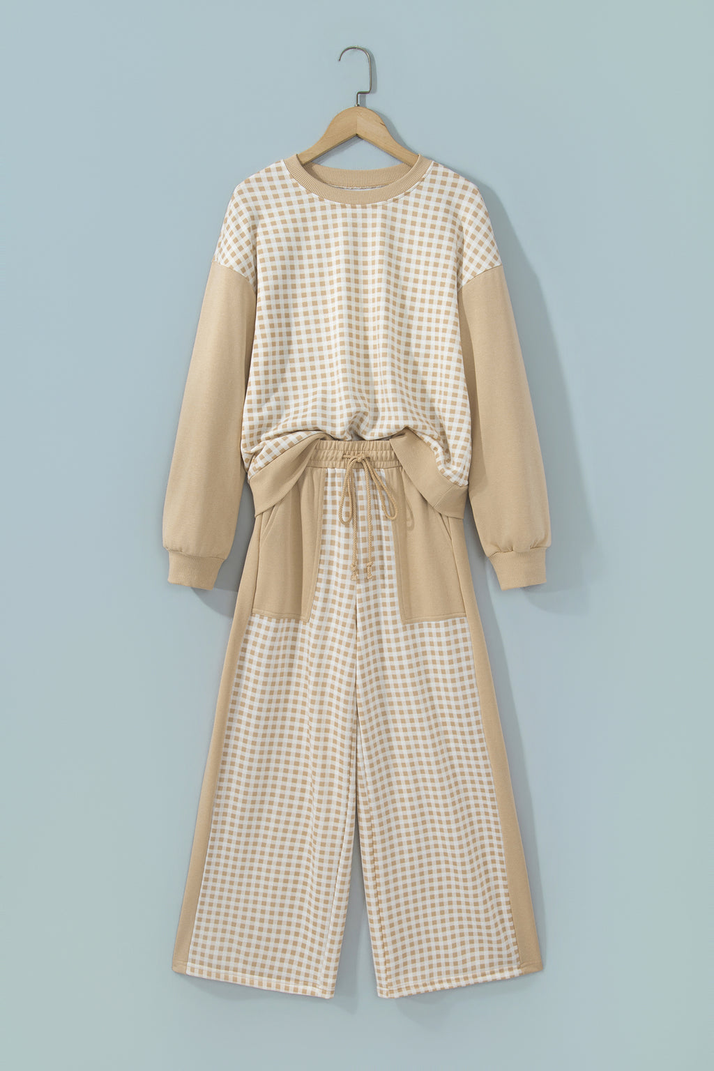 Plaid Long Sleeve Wide Leg Pant Set