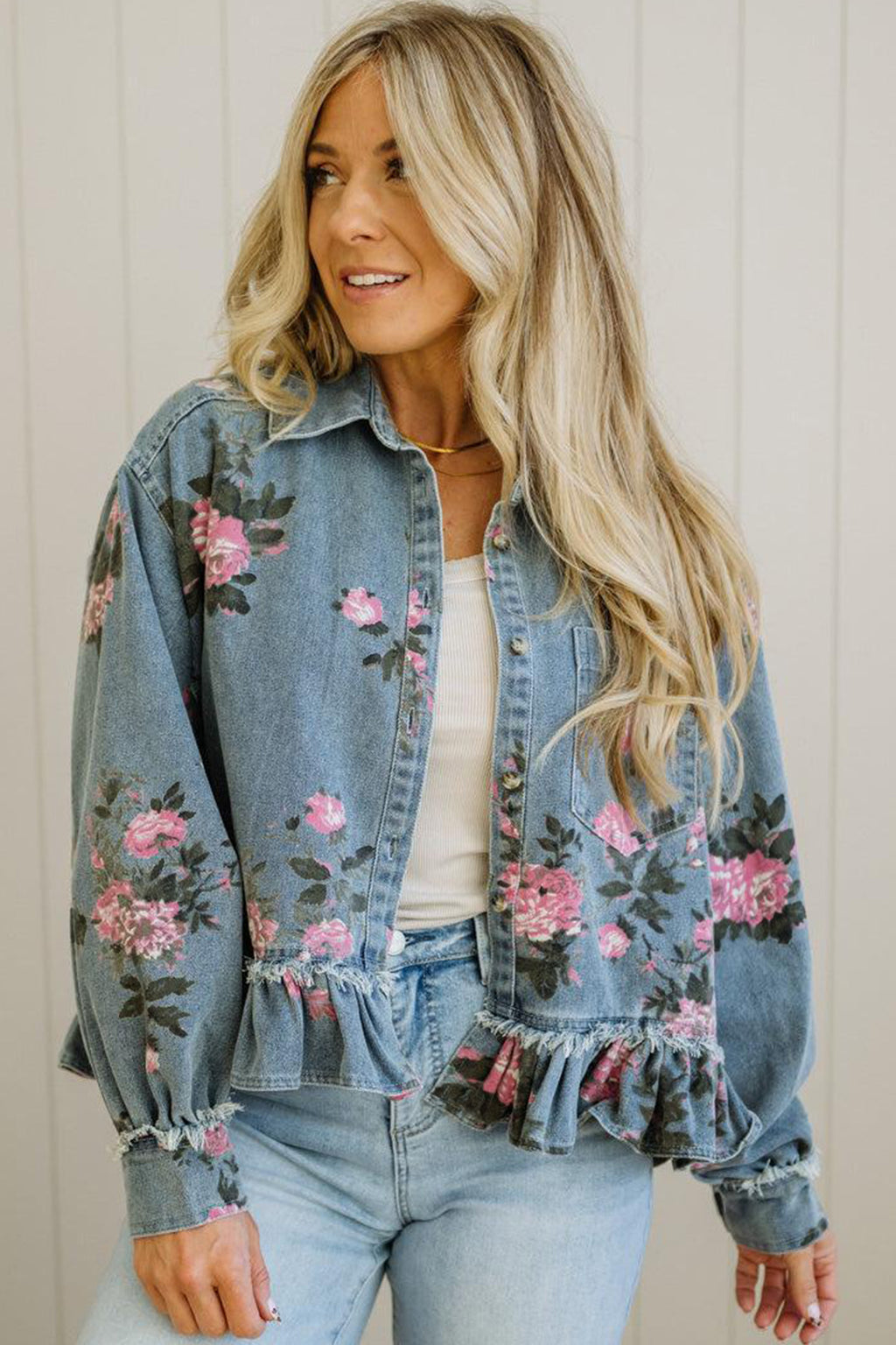 Sky Blue Floral Print Raw Seam Ruffle Hem Denim Jacket