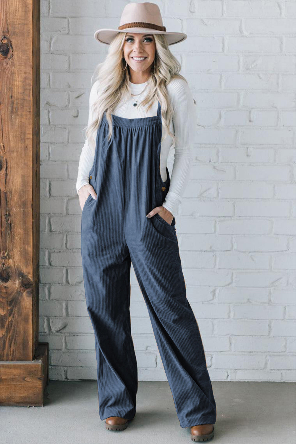 Jungle Green Button Adjustable Straps Solid Color Corduroy Jumpsuit