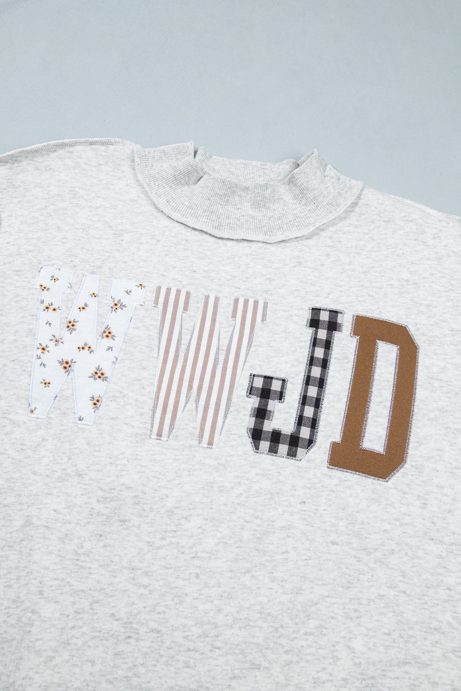 Gray WWJD Mixed Pattern Embroidered Patch Graphic Mock Neck Sweatshirt
