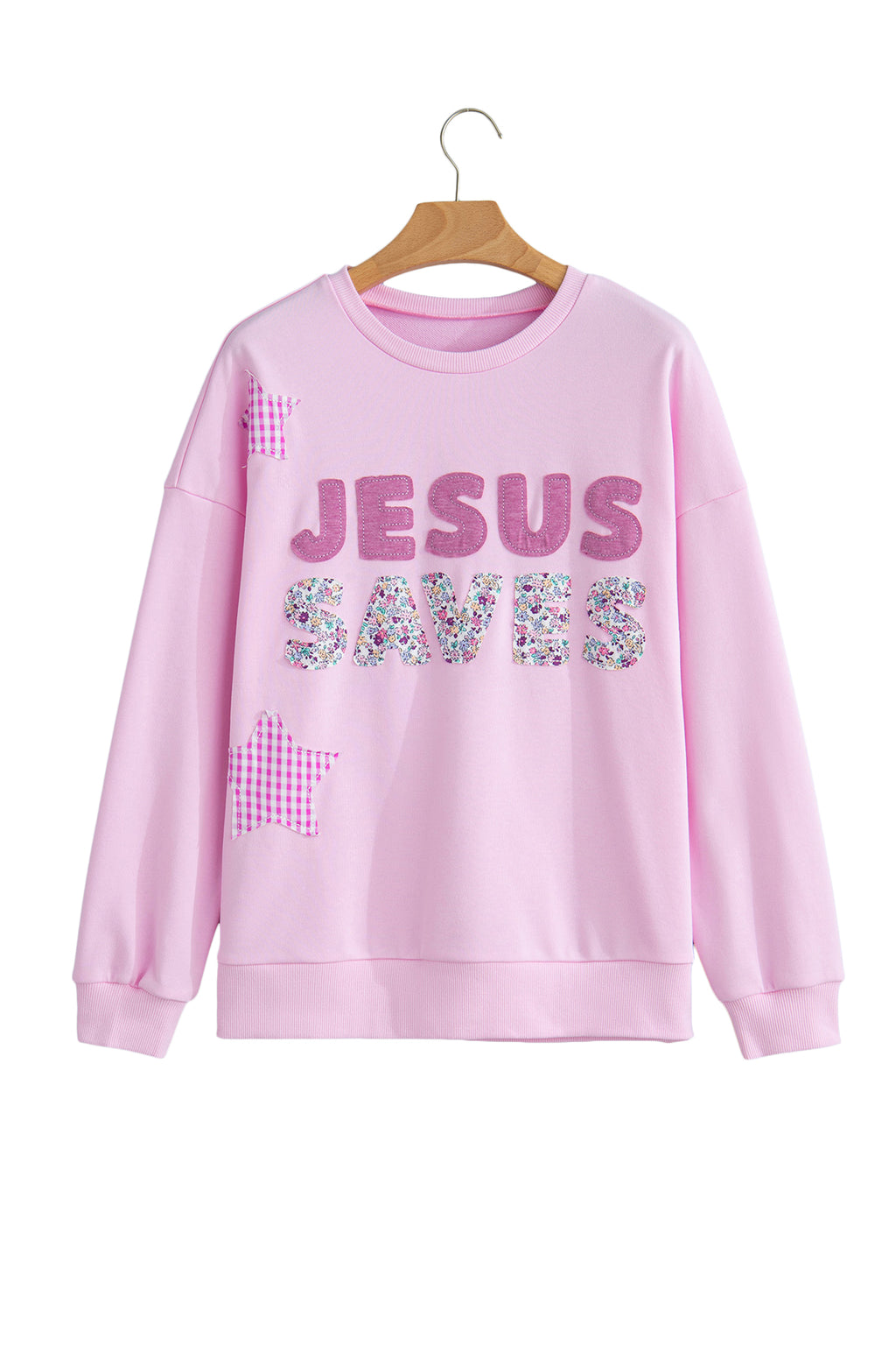 Pink JESUS SAVES Gingham Star Patchwork Detail Plus Size Sweatshirt