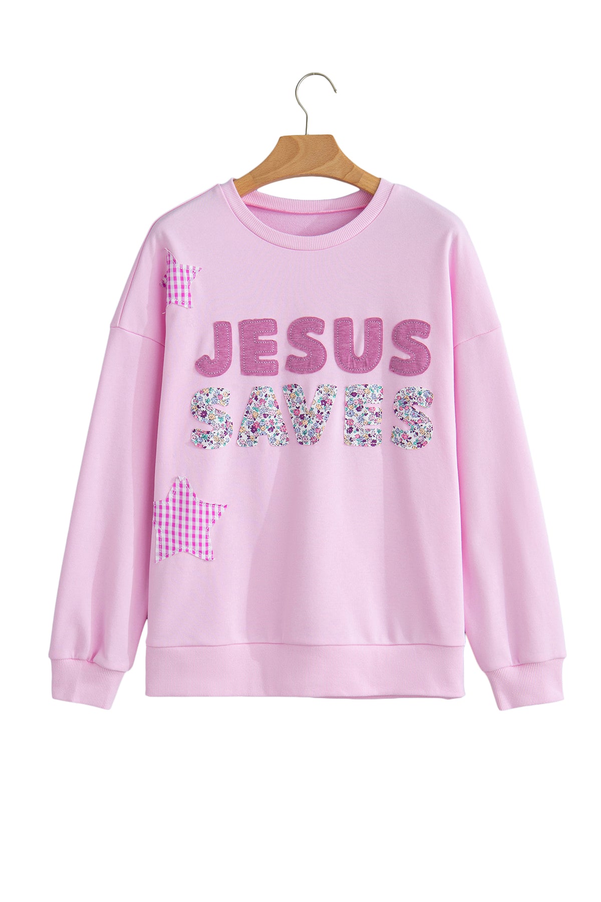 Pink JESUS SAVES Gingham Star Patchwork Detail Plus Size Sweatshirt