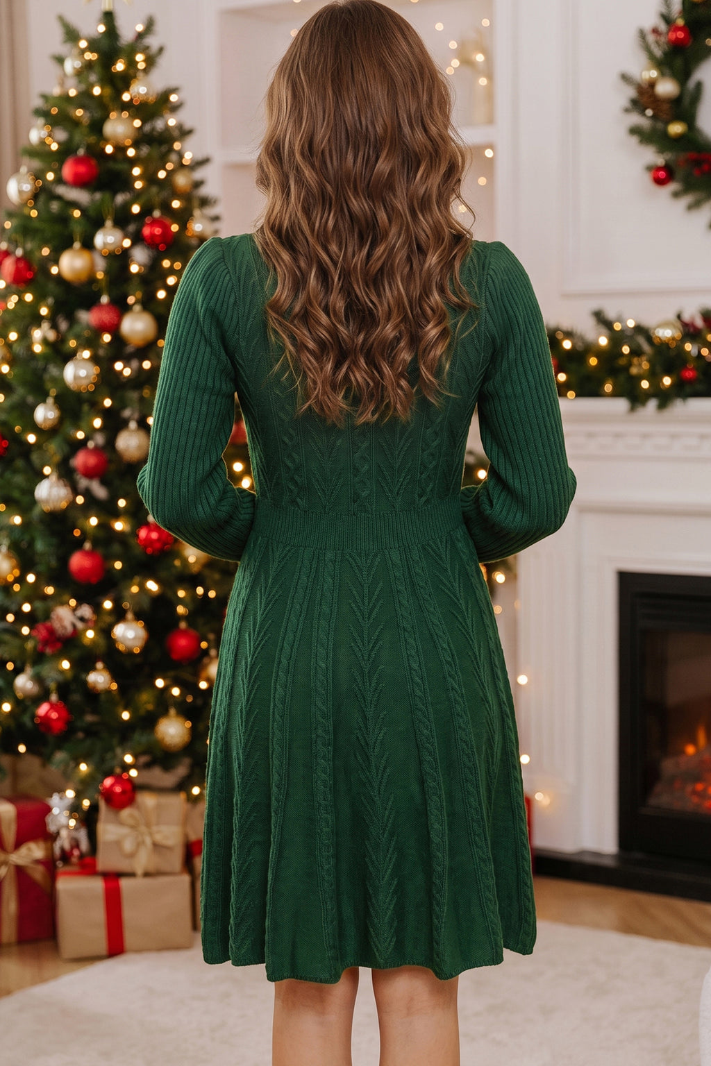 Green Ribbed Cable Knit Sweater Mini Dress