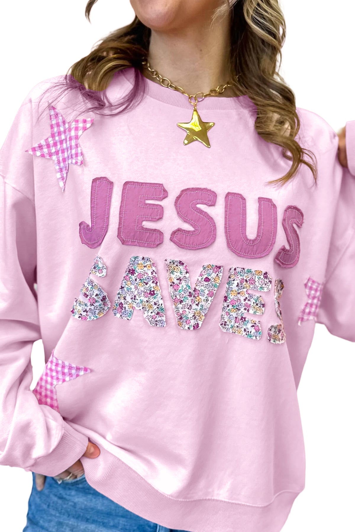 Pink JESUS SAVES Gingham Star Patchwork Detail Plus Size Sweatshirt
